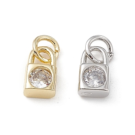 Brass Micro Pave Clear Cubic Zirconia Charms, with Jump Ring, Lock Charm