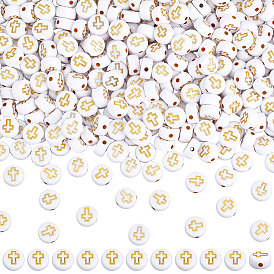 800шт. непрозрачные акриловые бусины, золотой металл обвитыми, плоские круглые с крестом