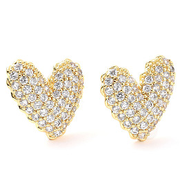 Clear Cubic Zirconia Heart Stud Earrings, Brass Jewelry for Valentine's Day