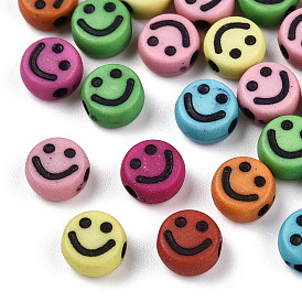 Opaque Craft Acrylic Beads, Flat Round with Smiling Face