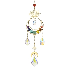 7 Chakra Gemstone & Lotus Moon Hanging Ornaments, Glass Leaf Teardrop Tassel Suncatchers for Home Garden Decorations
