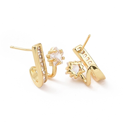 Clear Cubic Zirconia Star Stud Earrings, Brass Jewelry for Women