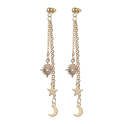 Moon & Star & Sun Cubic Zirconia Dangle Stud Earrings, Brass Chains Tassel Earrings
