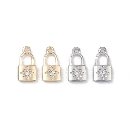 Brass Micro Pave Clear Cubic Zirconia Pendants, Cadmium Free & Nickel Free & Lead Free, Lock Charms