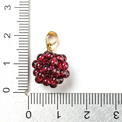 Natural Garnet Pendants, Round Cluster Charms with Golden Plated Alloy Snap on Bails and Elastic Rope