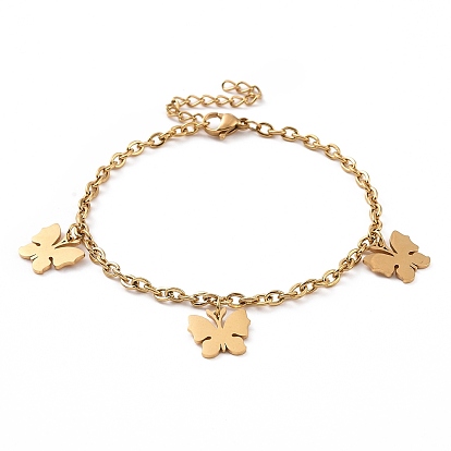 304 Stainless Steel Butterfly Charm Bracelet with Cable Chains for Women