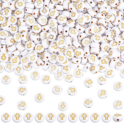 800шт. непрозрачные акриловые бусины, золотой металл обвитыми, плоские круглые с крестом