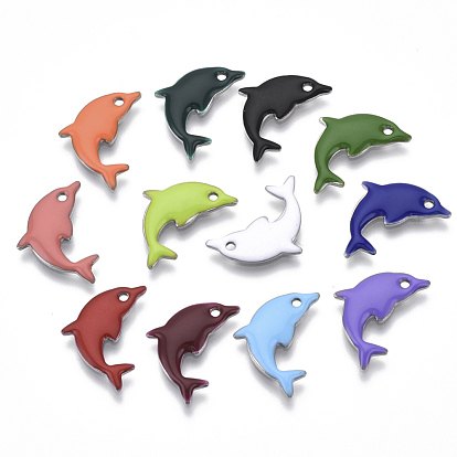 201 Stainless Steel Enamel Pendants, Dolphin, Stainless Steel Color