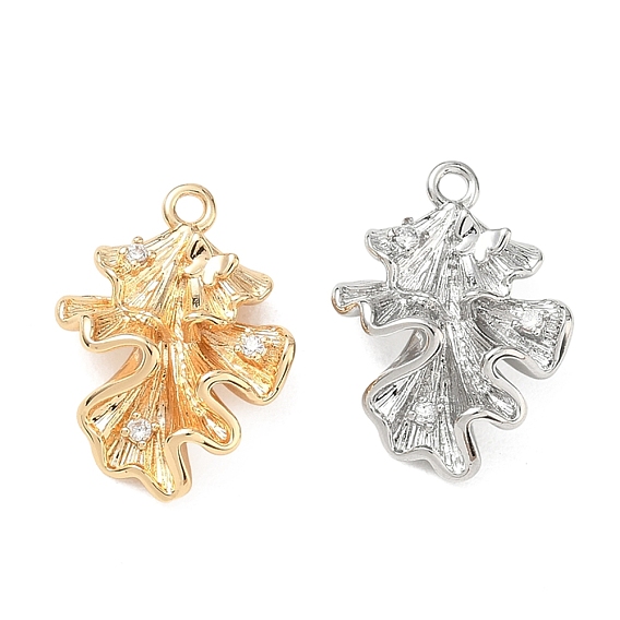 Brass Micro Pave Clear Cubic Zirconia Pendants, Leaf Charms