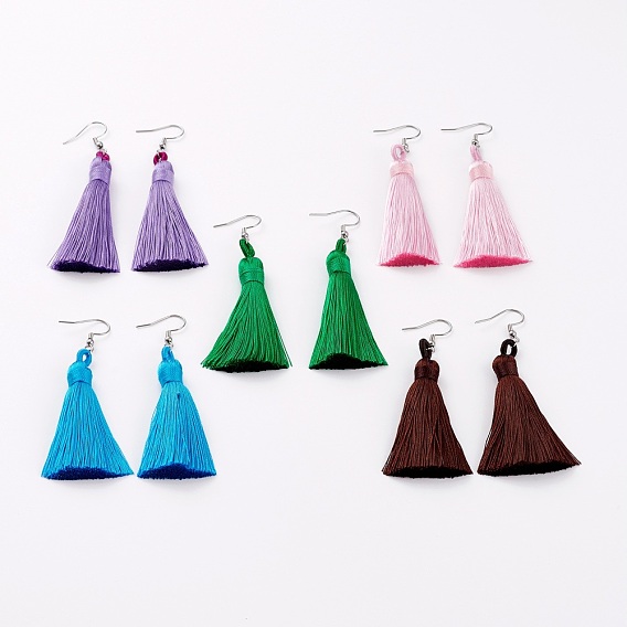 Polyester Tassel Earrings, with 304 Stainless Steel Earring Hooks, Stainless Steel Color