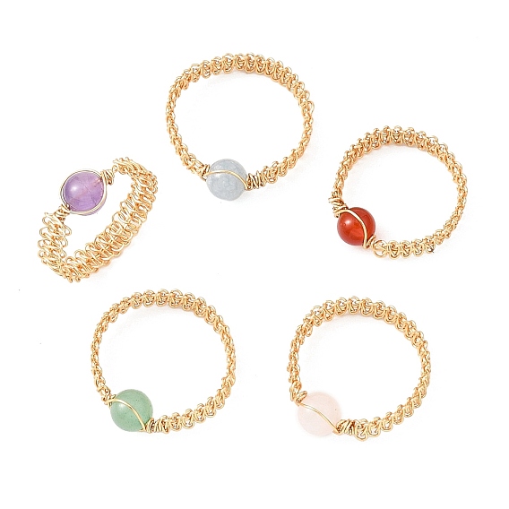 Обернутые медной проволокой кольца из плетеных бусин из натуральных драгоценных камней для женщин, золотые