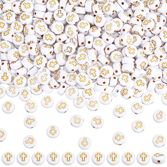 800piezas de cuentas acrílicas opacas, metal dorado enlaced, plano y redondo con la cruz