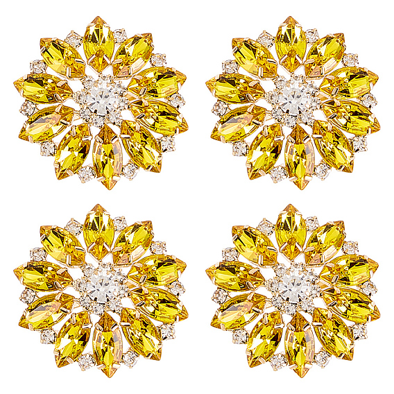 4 boutons à tige en alliage, verre et strass, 1-trou, fleur
