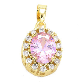Brass Micro Pave Cubic Zirconia Pendants, Long-Lasting Plated, Real 18K Gold Plated, Oval