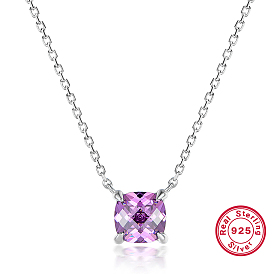 Sterling Silver Pave Cubic Zirconia Square Pendant Necklaces for Women, Purple