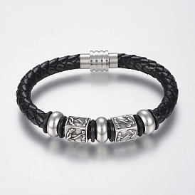 Bracelets cordon cuir tressé, avec 304 accessoires en acier inoxydable et les fermoirs magnétiques