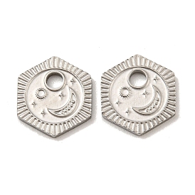 316 Surgical Stainless Steel Charms, Hexagon with Moon Charm