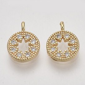 Brass Micro Pave Cubic Zirconia Pendants, Flat Round, Clear, Nickel Free