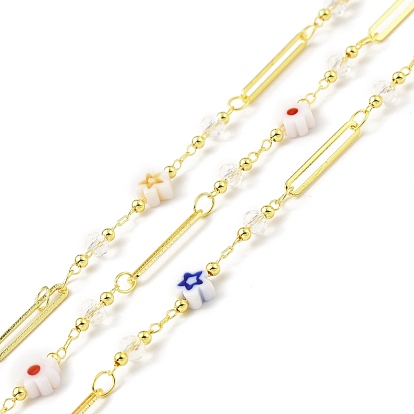 Handmade Eco-friendly Brass Long Oval Link Chain, with Glass Flower & Star Beaded, Long-Lasting Plated, Golden, Soldered, with Spool