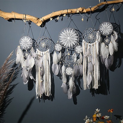 5Pcs 5 Style Indian Style Macrame Wall Hanging, Iron Woven Web/Net with Feather Pendant Decorations
