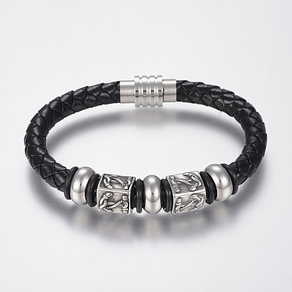 Braided Leather Cord Bracelets, with 304 Stainless Steel Findings and Magnetic Clasps