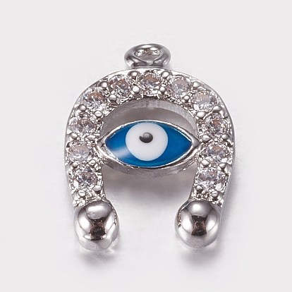 Long-Lasting Plated Brass Micro Pave Cubic Zirconia Enamel Charms, Horseshoe with Evil Eye