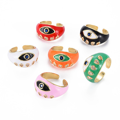 Bagues de manchette en zircone cubique colorée en micro-pavé en laiton, anneaux ouverts, avec l'émail, sans nickel, mauvais œil, réel 16 k plaqué or