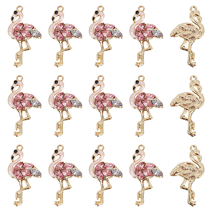 Подвески из эмали и сплава, со стразами, золотой свет, фламинго
