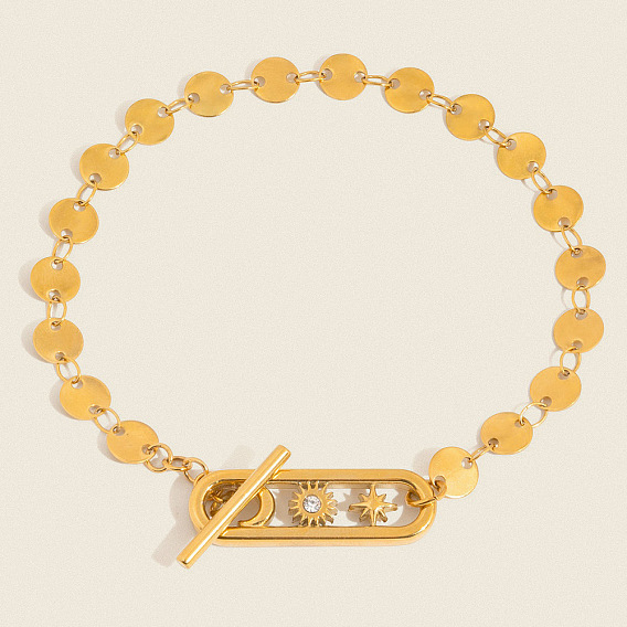 304 Stainless Steel Flat Sequin Chain Bracelets with Crystal Rhinestone with Moo Sun Star OT Clasps