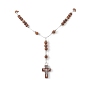 Natural Wood Round Rosary Bead Necklace, Cross Pendant Necklace with Brass Chains for Women