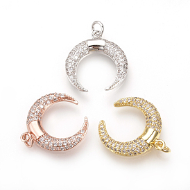 Brass Micro Pave Cubic Zirconia Pendants, Cadmium Free & Lead Free, with Jump Rings, Double Horn/Crescent Moon Pendant