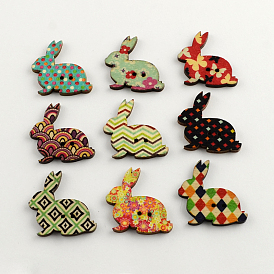 Boutons en bois à imprimé lapin 2, silhouette de lapin, couleur mixte, 30x31x2.5mm, Trou: 1.5mm