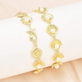 Браслеты из латунной цепочки для женщин, с пластмассовой жемчужиной abs, стойки покрытие, долговечный, без свинца и без кадмия, реальный 18 k позолоченный