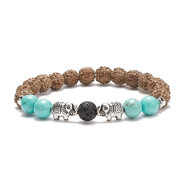 Natural Rudraksha Wood & Lava Rock & Synthetic Green Turquoise(Dyed) Stretch Bracelet with Alloy Elephant, Gemstone Jewelry for Women