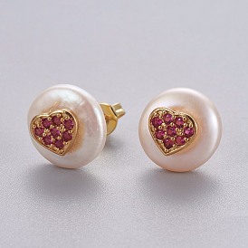 Natural Pearl Stud Earrings, with Brass Micro Pave Cubic Zirconia Findings, Flat Round with Heart, Long-Lasting Plated, with Ear Nuts