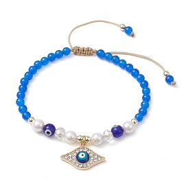 Round Shell Pearl & Natural Dyed Blue Malaysia Jade  Braided Bead Bracelets, Adjustable Alloy Crystal Rhinestone Eye Charm Bracelets for Women