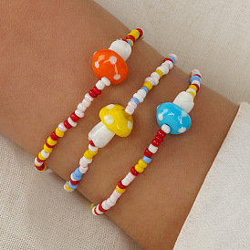 Mushroom Rainbow Beaded Bracelet - Unique Glass and Rice Pearl Charm Jewelry