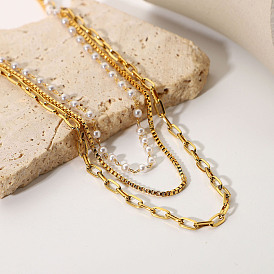 18K Gold Stainless Steel Lock Chain Triple Layer Necklace for Women