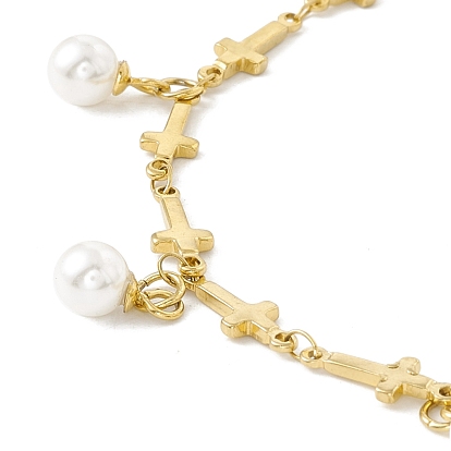 Plastic Pearl Charms Bracelet with Cross Link Chains, Vacuum Plating 304 Stainless Steel Jewelry for Women