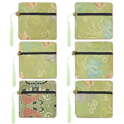 6 шт. шелковая ткань в китайском стиле с вышивкой, упаковочные пакеты на молнии с кисточками, для хранения колец серег браслетов, квадратный