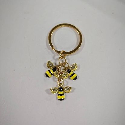 Llaveros de aleación, esmalte y diamantes de imitación de cristal, con llaveros divididos, abeja, dorado