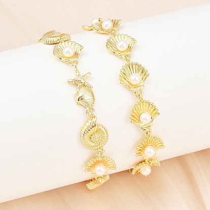 Браслеты из латунной цепочки для женщин, с пластмассовой жемчужиной abs, стойки покрытие, долговечный, без свинца и без кадмия, реальный 18 k позолоченный