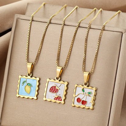 304 Colliers pendentifs en acier inoxydable émaillé avec motifs de fruits pour femmes, or