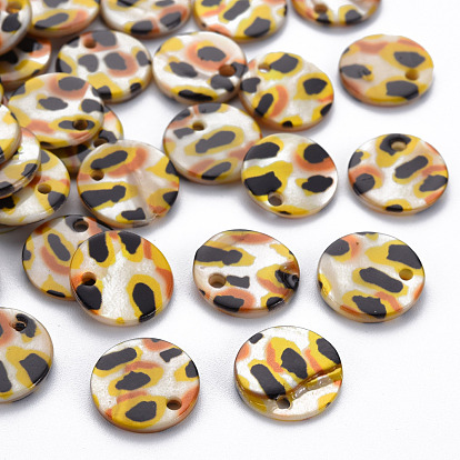 Printed Freshwater Shell Charms, Flat Round with Leopard Pattern