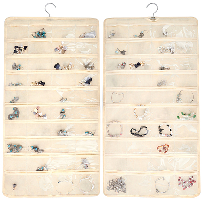 1Pc Non-Woven Fabrics Jewelry Hanging Bag, Wall Shelf Wardrobe Jewelry Roll, with Rotating Hook and Transparent PVC 80 Grids, Rectangle