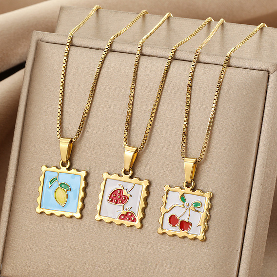 304 Stainless Steel Enamel Fruit Stamp Pendant Necklaces for Women, Golden