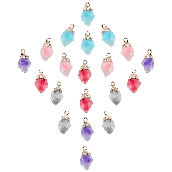 20Pcs 5 Colors Resin Pendants, Imitation Quartz, with Top Light Gold Plated Iron Loops, Nuggets