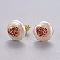 Natural Pearl Stud Earrings, with Brass Micro Pave Cubic Zirconia Findings, Flat Round with Heart, Long-Lasting Plated, with Ear Nuts