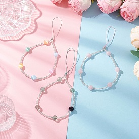3Pcs 3 Colors Dyed Natural Selenite & Rainbow Fluorite & Rose Quartz & Glass Seed Round Beaded Phone Hand Strap Chains