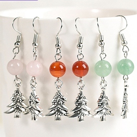 Natural Gemstone Dangle Earrings, Alloy Christmas Tree Jewelry for Women